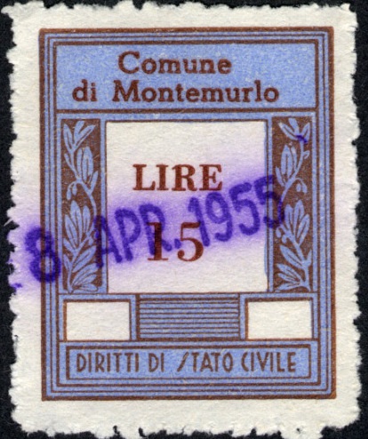 Marca da Bollo del Comune di MONTEMURLO su Carta Bianca di dimensioni 23 x 29,5 mm