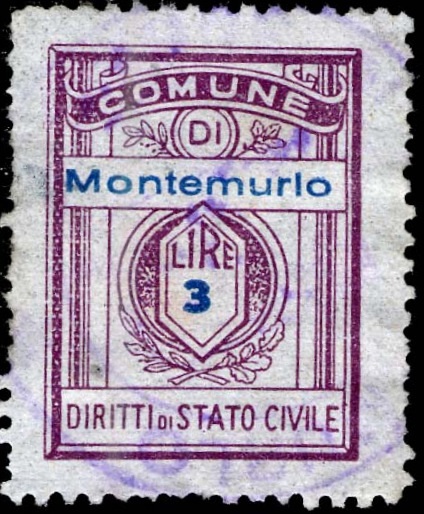 Marca da Bollo del Comune di MONTEMURLO su Carta Blu di dimensioni 21,5 x 28,5 mm