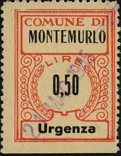 Marca da Bollo del Comune di MONTEMURLO su Carta Paglia di dimensioni 21 x 28 mm