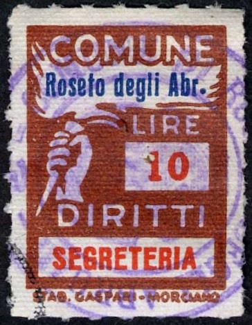 Marca da Bollo del Comune di ROSETO DEGLI ABRUZZI su Carta Bianca Sottile di dimensioni 18,5 x 26 mm