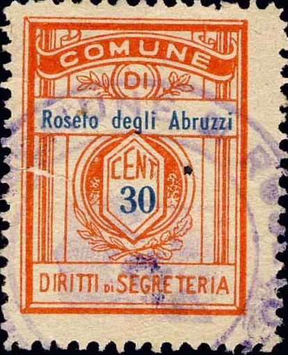 Marca da Bollo del Comune di ROSETO DEGLI ABRUZZI su Carta Bianca Sottile di dimensioni 21,5 x 28,5 mm