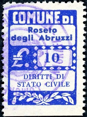 Marca da Bollo del Comune di ROSETO DEGLI ABRUZZI su Carta Bianca Sottile di dimensioni 21,5 x 28 mm