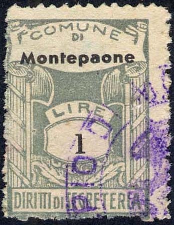 Marca da Bollo del Comune di MONTEPAONE su Carta Bianca di dimensioni 20 x 28,5 mm