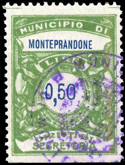 Marca da Bollo del Comune di MONTEPRANDONE su Carta Bianca Sottile di dimensioni 25,5 x 34 mm