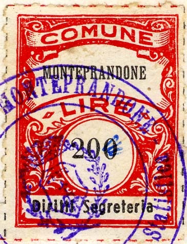 Marca da Bollo del Comune di MONTEPRANDONE su Carta Bianca di dimensioni 22,5 x 29 mm