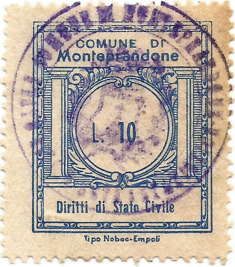Marca da Bollo del Comune di MONTEPRANDONE su Carta Bianca Sottile di dimensioni 25 x 30,5 mm