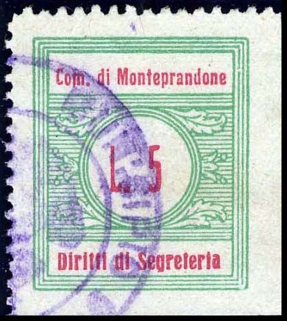 Marca da Bollo del Comune di MONTEPRANDONE su Carta Bianca di dimensioni 22 x 26 mm