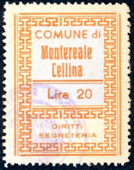 Marca da Bollo del Comune di MONTEREALE VALCELLINA su Carta Bianca di dimensioni 25 x 35,5 mm