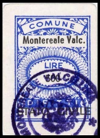 Marca da Bollo del Comune di MONTEREALE VALCELLINA su Carta Bianca di dimensioni 16,5 x 24 mm