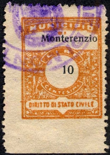 Marca da Bollo del Comune di MONTERENZIO su Carta Bianca Sottile di dimensioni 19 x 25 mm