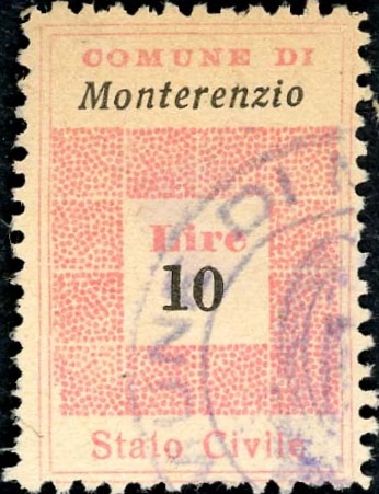 Marca da Bollo del Comune di MONTERENZIO su Carta Bianca di dimensioni 20 x 28,5 mm