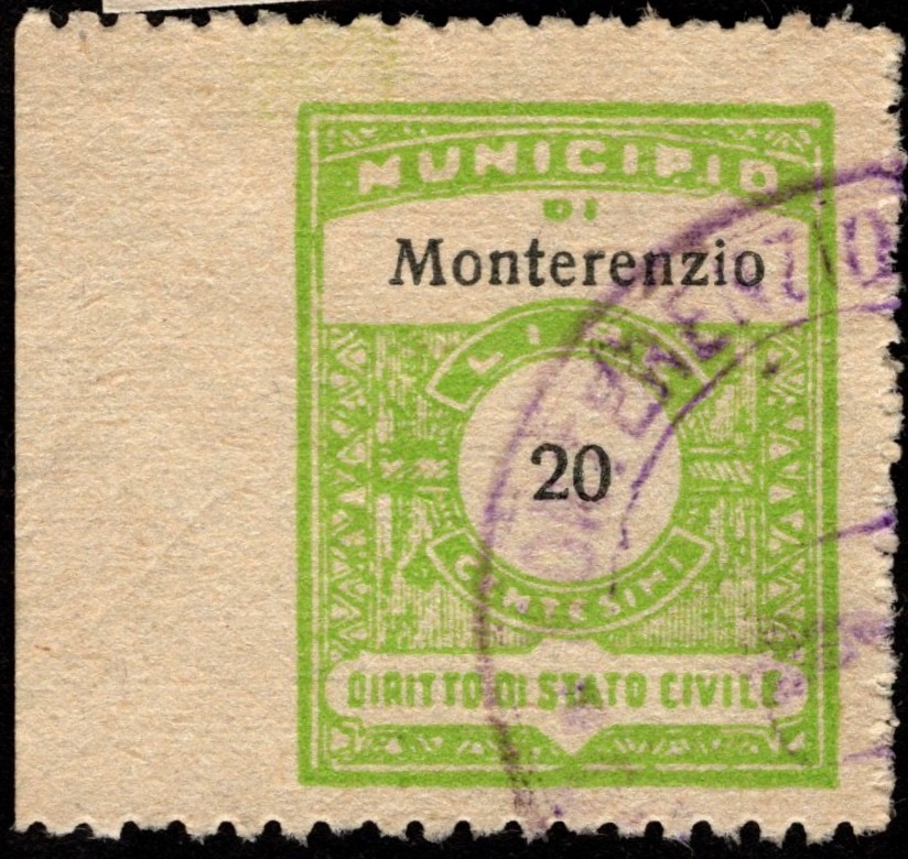 Marca da Bollo del Comune di MONTERENZIO su Carta Bianca di dimensioni 21 x 27 mm