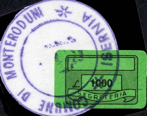 Marca da Bollo del Comune di MONTERODUNI su Carta Colorata di dimensioni 19 x 14,5 mm