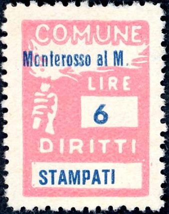 Marca da Bollo del Comune di MONTEROSSO AL MARE su Carta Bianca Sottile di dimensioni 18,5 x 26 mm