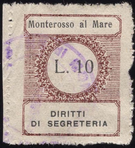 Marca da Bollo del Comune di MONTEROSSO AL MARE su Carta Bianca Sottile di dimensioni 23 x 26 mm
