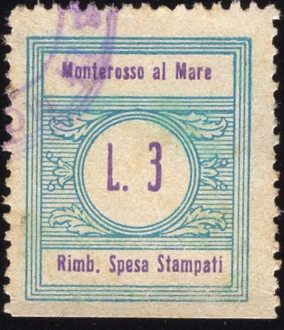 Marca da Bollo del Comune di MONTEROSSO AL MARE su Carta Bianca Sottile di dimensioni 23 x 26 mm