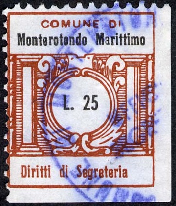 Marca da Bollo del Comune di MONTEROTONDO MARITTIMO su Carta Bianca di dimensioni 20,5 x 25 mm