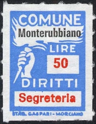 Marca da Bollo del Comune di MONTERUBBIANO su Carta Bianca di dimensioni 18,5 x 26 mm