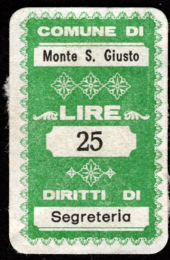 Marca da Bollo del Comune di MONTE SAN GIUSTO su Carta Bianca di dimensioni 20 x 32 mm