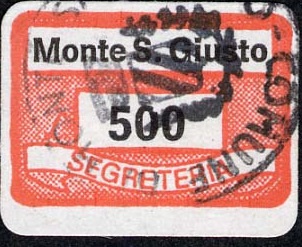 Marca da Bollo del Comune di MONTE SAN GIUSTO su Carta Bianca di dimensioni 19,5 x 13 mm