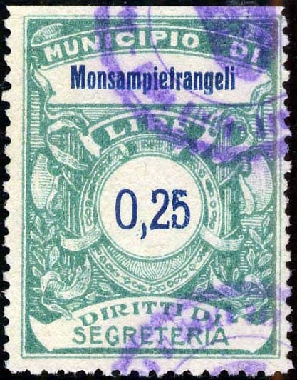 Marca da Bollo del Comune di MONTE SAN PIETRANGELI su Carta Bianca Sottile di dimensioni 25,5 x 34 mm