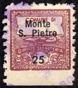 Marca da Bollo del Comune di MONTE SAN PIETRO su Carta Bianca di dimensioni 14,5 x 14,5 mm