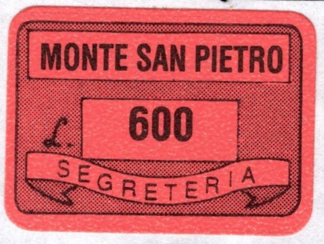 Marca da Bollo del Comune di MONTE SAN PIETRO su Carta Bianca di dimensioni 20 x 14 mm
