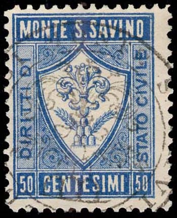 Marca da Bollo del Comune di MONTE SAN SAVINO su Carta Bianca Sottile di dimensioni 19,5 x 25,5 mm