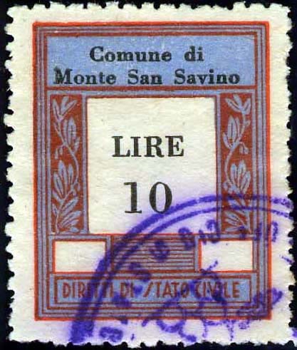 Marca da Bollo del Comune di MONTE SAN SAVINO su Carta Bianca di dimensioni 23 X 30 mm
