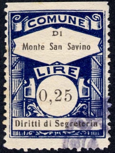 Marca da Bollo del Comune di MONTE SAN SAVINO su Carta Bianca di dimensioni 22,5 x 30 mm