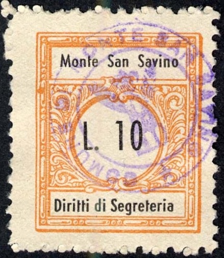 Marca da Bollo del Comune di MONTE SAN SAVINO su Carta Bianca di dimensioni 21,5 x 26,5 mm