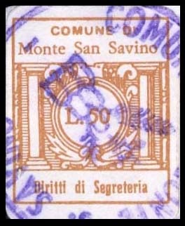 Marca da Bollo del Comune di MONTE SAN SAVINO su Carta Bianca di dimensioni 16 x 24 mm