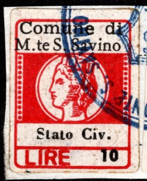 Marca da Bollo del Comune di MONTE SAN SAVINO su Carta Bianca di dimensioni 16 x 24 mm
