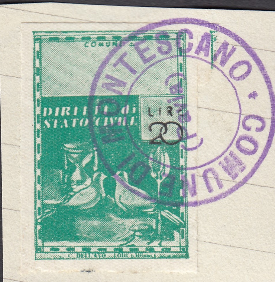 Marca da Bollo del Comune di MONTESCANO su Carta Bianca di dimensioni 21,5 x 32,5 mm