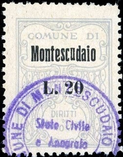 Marca da Bollo del Comune di MONTESCUDAIO su Carta Bianca di dimensioni 22,5 x 29 mm