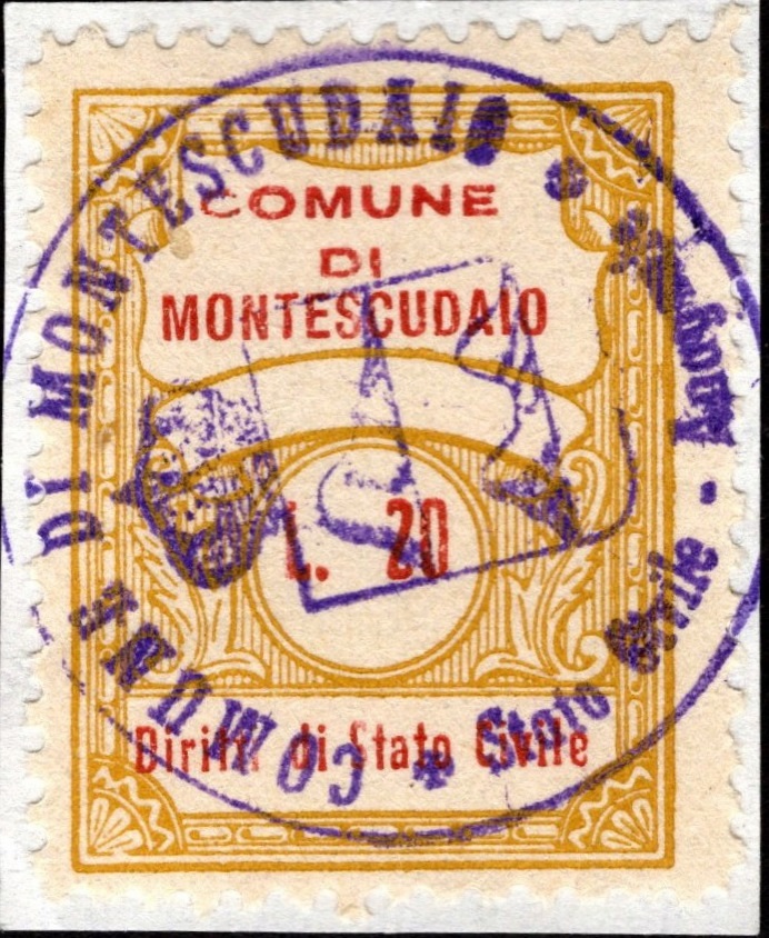 Marca da Bollo del Comune di MONTESCUDAIO su Carta Bianca di dimensioni 22,5 x 29 mm