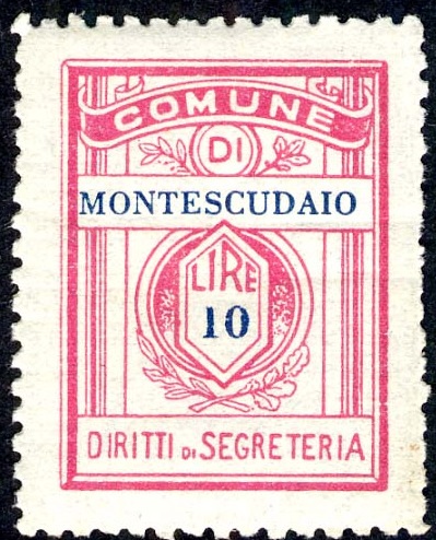 Marca da Bollo del Comune di MONTESCUDAIO su Carta Bianca di dimensioni 20 x 27 mm