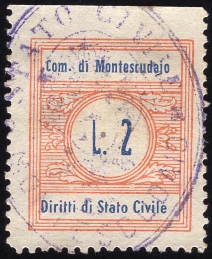Marca da Bollo del Comune di MONTESCUDAIO su Carta Bianca di dimensioni 23x 27 mm