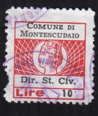 Marca da Bollo del Comune di MONTESCUDAIO su Carta Bianca di dimensioni 16 x 18 mm
