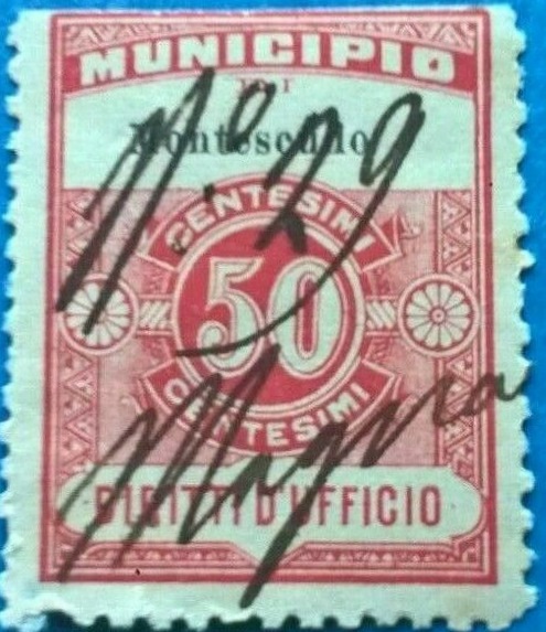 Marca da Bollo del Comune di MONTESCUDO su Carta Bianca di dimensioni 23 x 30,5 mm