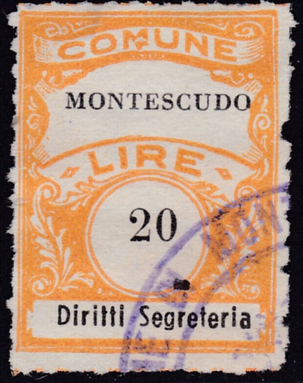 Marca da Bollo del Comune di MONTESCUDO su Carta Bianca di dimensioni 23 x 30,5 mm