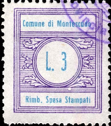 Marca da Bollo del Comune di MONTESCUDO su Carta Bianca di dimensioni 22 x 26 mm