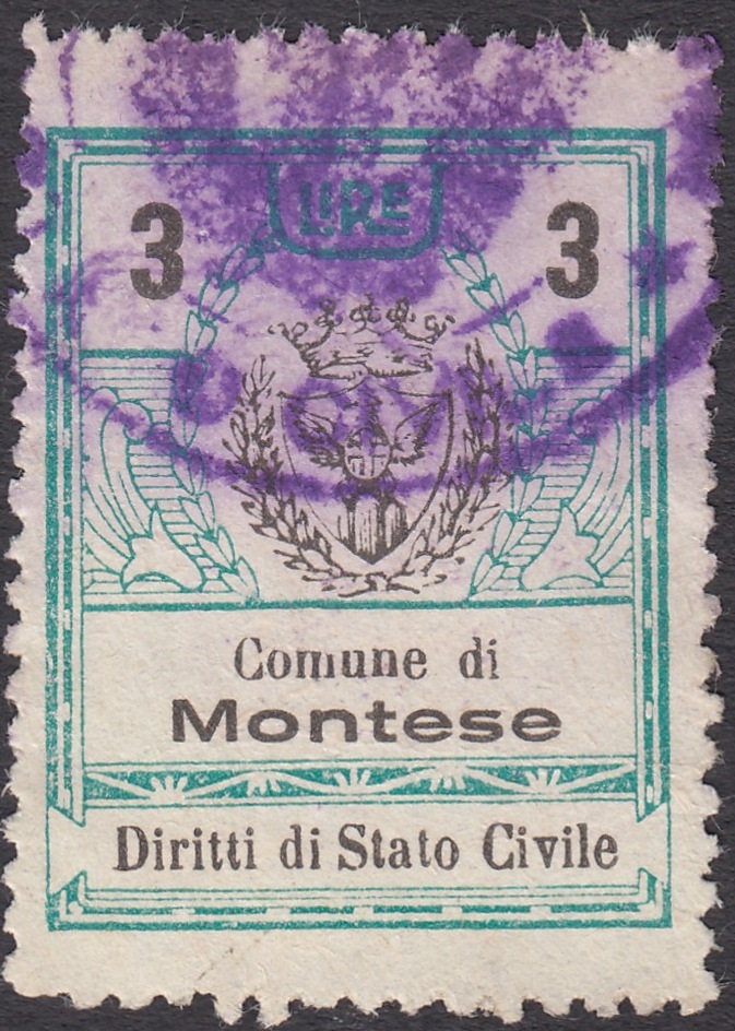 Marca da Bollo del Comune di MONTESE su Carta Bianca Sottile di dimensioni 23,5 x 30 mm