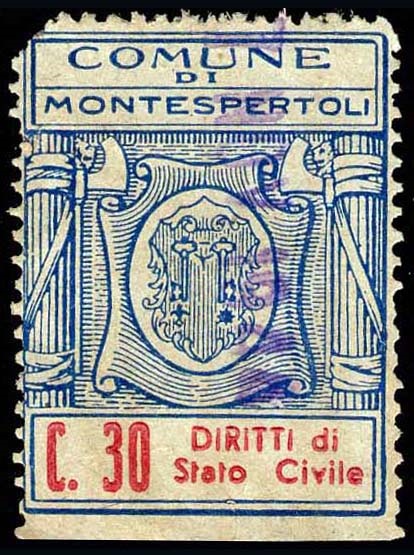 Marca da Bollo del Comune di MONTESPERTOLI su Carta rosso viola di dimensioni 25 x 34 mm
