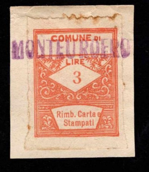 Marca da Bollo del Comune di MONTEU ROERO su Carta Bianca di dimensioni 21 x 29 mm