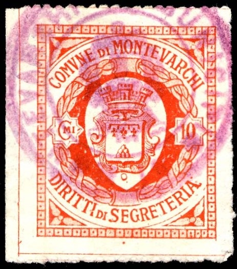 Marca da Bollo del Comune di MONTEVARCHI su Carta Bianca Sottile di dimensioni 24 x 29 mm