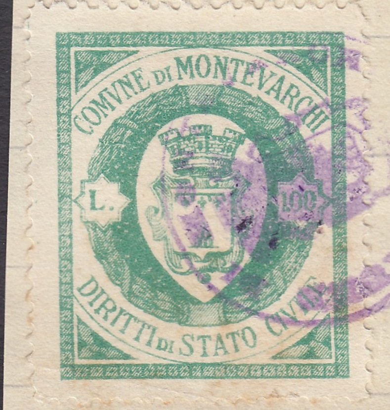 Marca da Bollo del Comune di MONTEVARCHI su Carta Bianca di dimensioni 24 x 29 mm