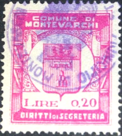 Marca da Bollo del Comune di MONTEVARCHI su Carta Bianca Sottile di dimensioni 21 X 27 mm