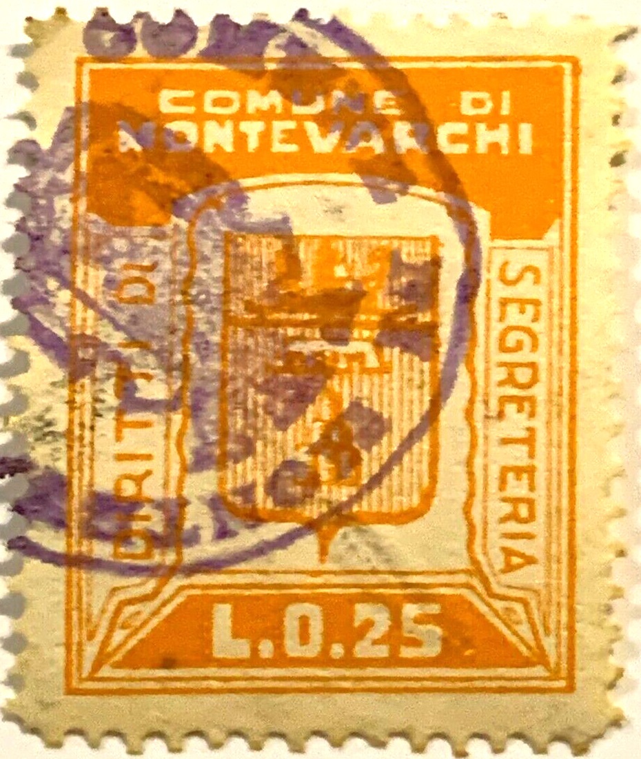 Marca da Bollo del Comune di MONTEVARCHI su Carta Bianca Sottile di dimensioni 21 X 27 mm