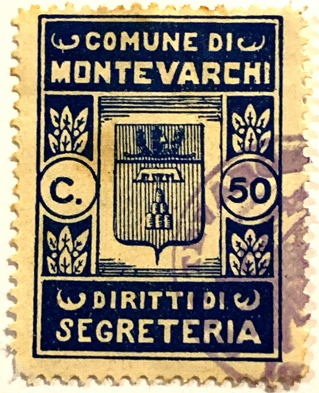Marca da Bollo del Comune di MONTEVARCHI su Carta Bianca Sottile di dimensioni 21 X 28 mm